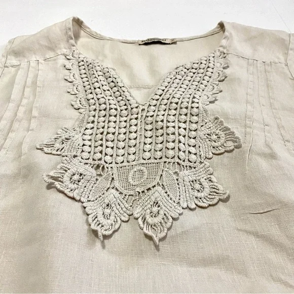 Tan Beige Linen Sleeveless Tunic Top Blouse Small Lace V-neck Breathable Summer - Picture 5 of 12